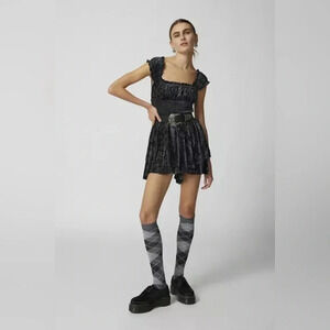 NWT new urban outfitters UO Rosie velvet romper dress SMALL black ruffle
